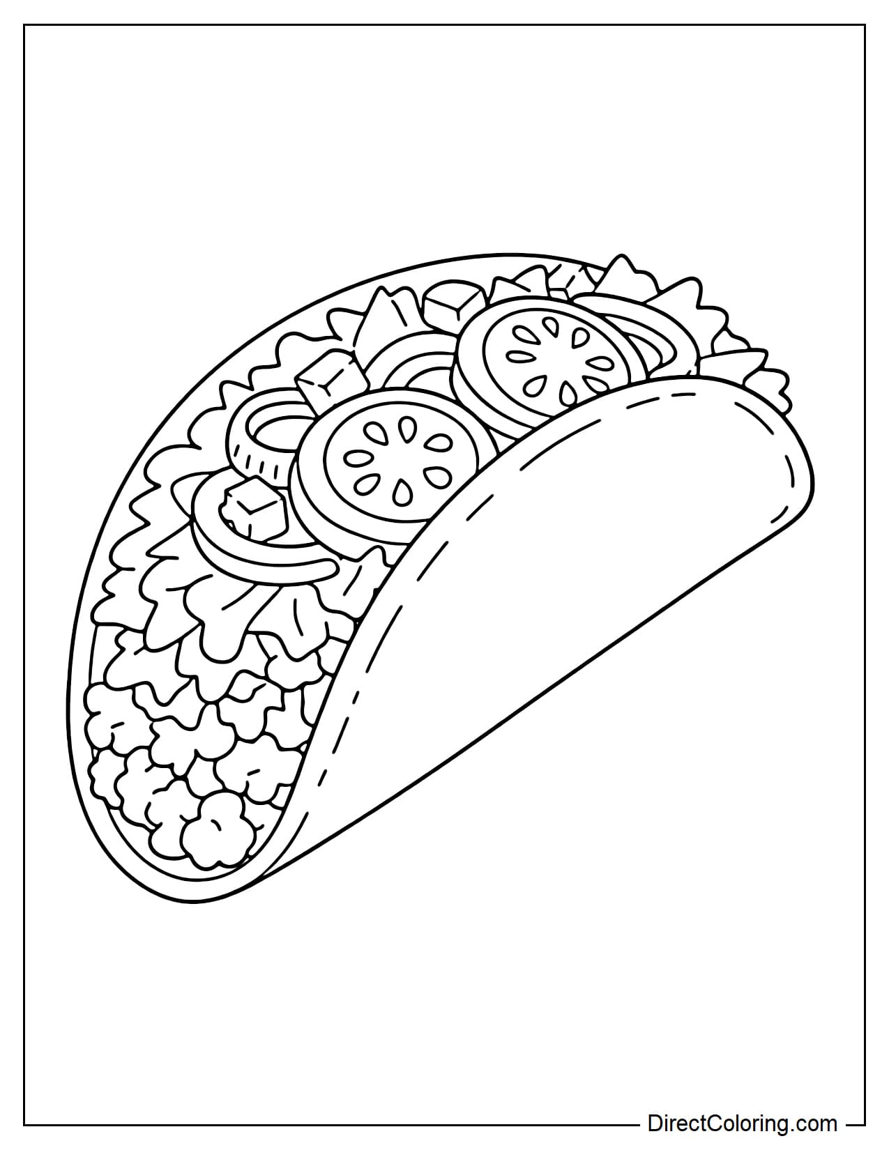 A taco filled with layers of lettuce, sliced ​​tomatoes, onions, and meat is depicted with clear drawings.