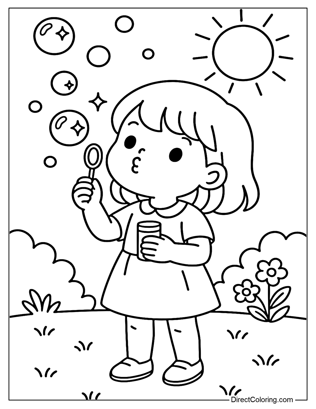 Coloring page of a little girl blowing soap bubbles, sparkling bubbles flying up into the sky in the sunlight.