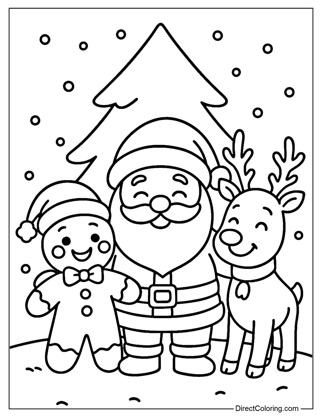 Coloring page of a gingerbread man standing next to Santa Claus and reindeer, pine tree.