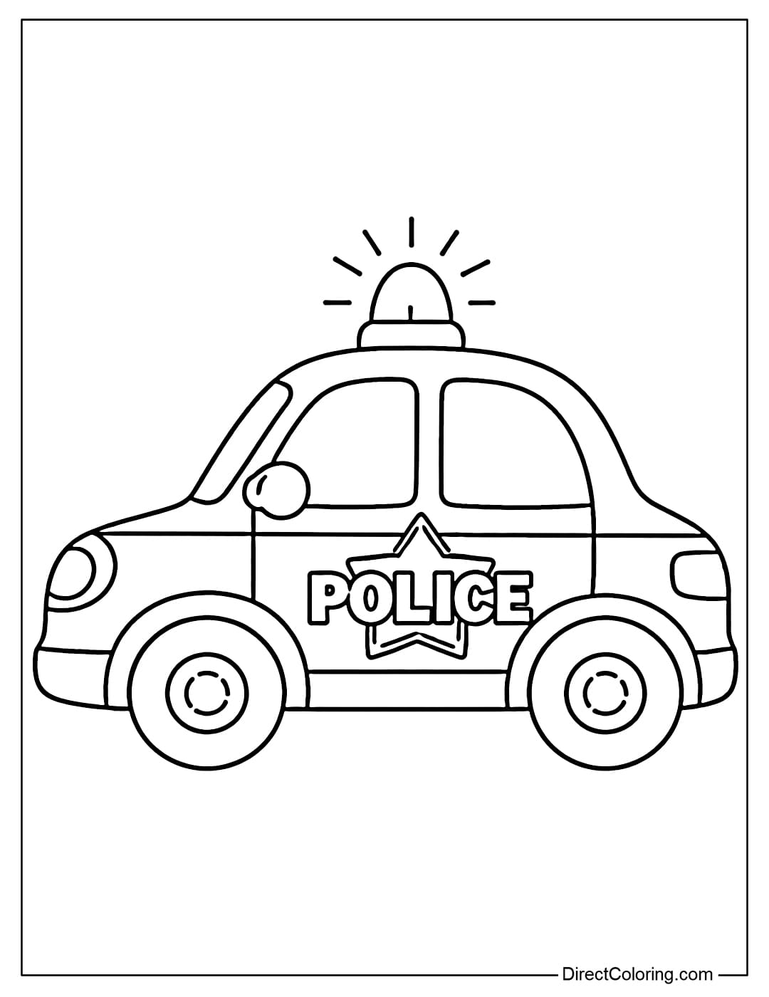 A simple coloring page of a police car viewed from the side.