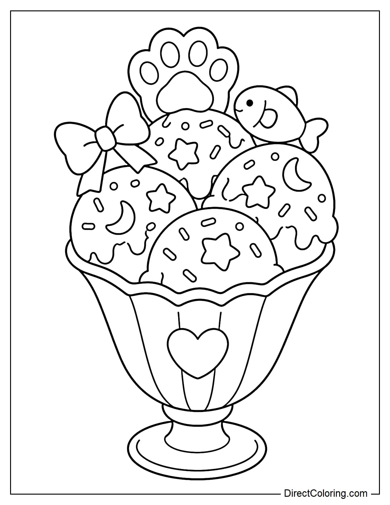 A multi-scoop gelato cup topped with cat paw shapes, small fish, bows, and large moon and star sprinkles.