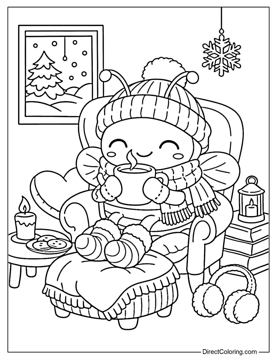 Coloring page showing a bee drinking hot tea in winter, cozy and relaxing.