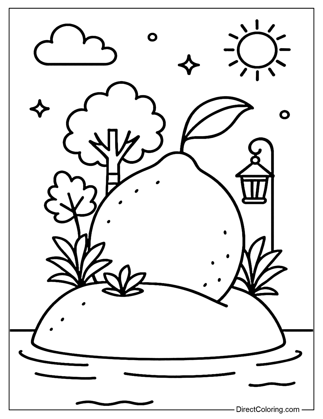 A small lemon island coloring page floating in the sea, with trees and lanterns.