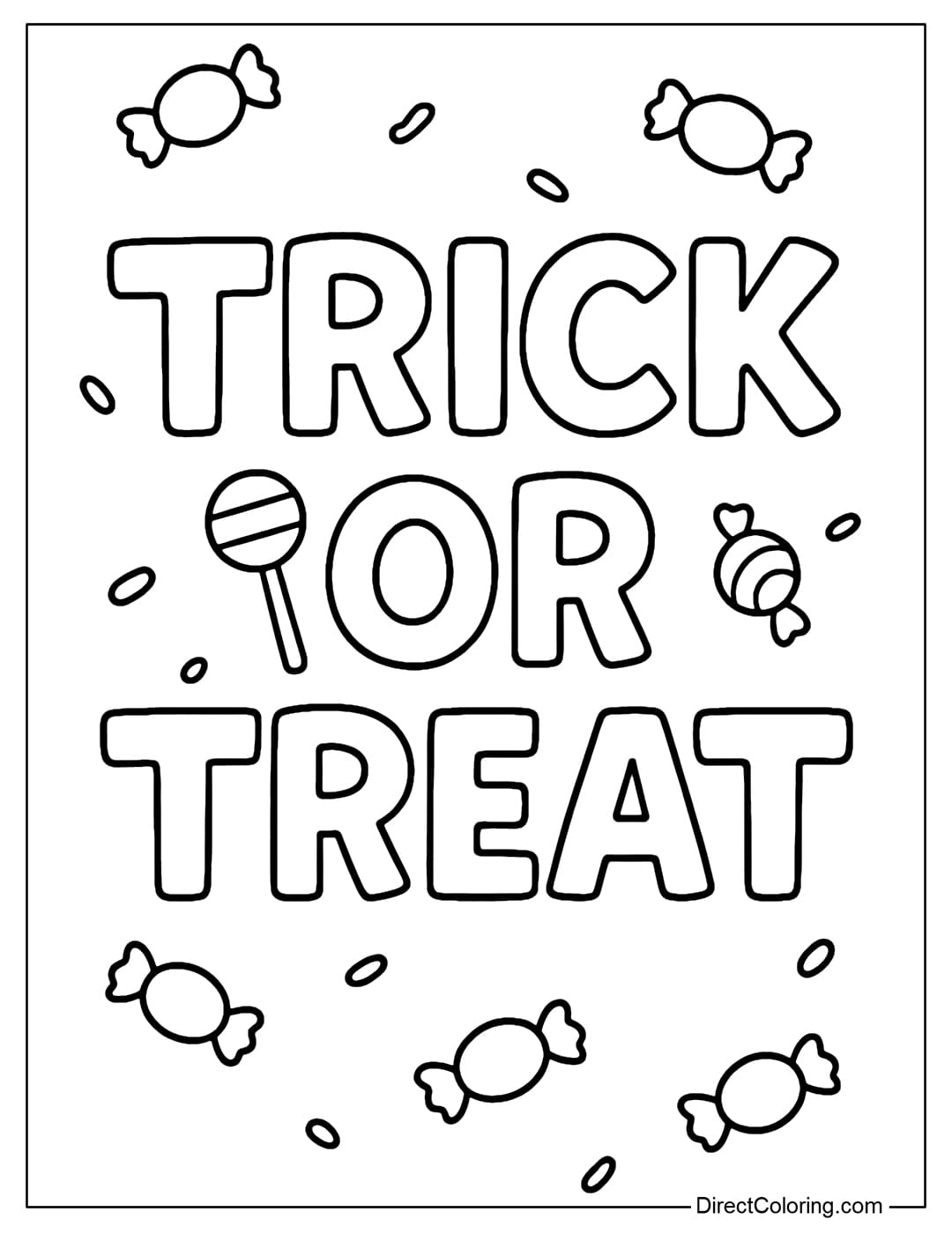 A Trick or Treat coloring page, surrounded by simple lollipops and lollipops, sprinkled with a few flying candies.