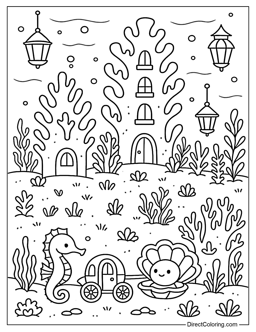 Underwater city coloring page with coral house, seahorse carriage, lantern.