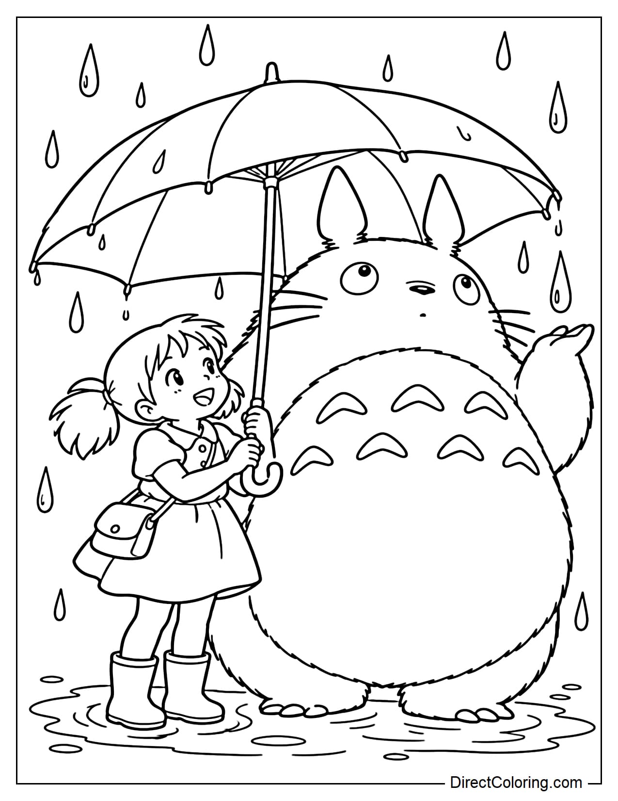 Satsuki stands beside Totoro beneath a large umbrella in the rain as Totoro curiously watches raindrops falling from the edge.