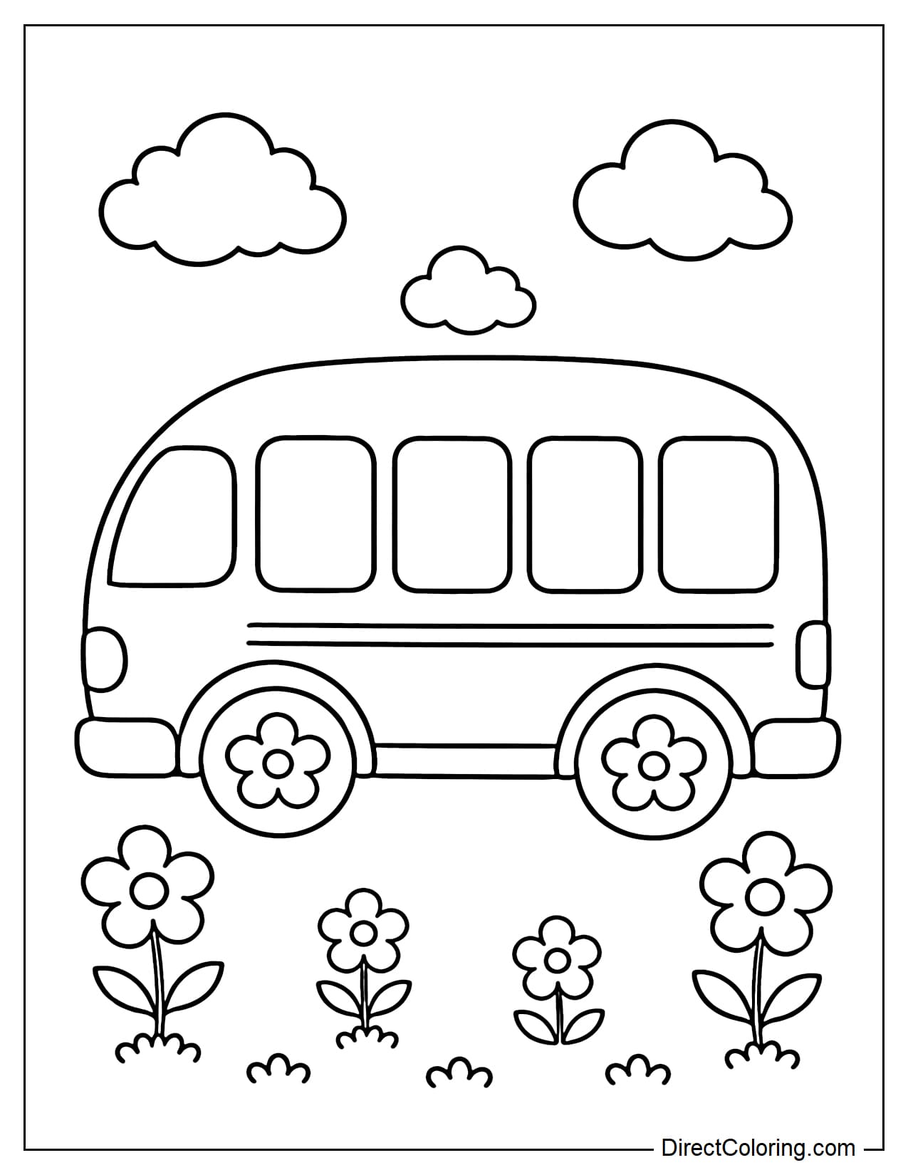 A side view of the bus with a rounded body and windows, five-petal flower-shaped wheels, and surrounded by simple flowers and grass.