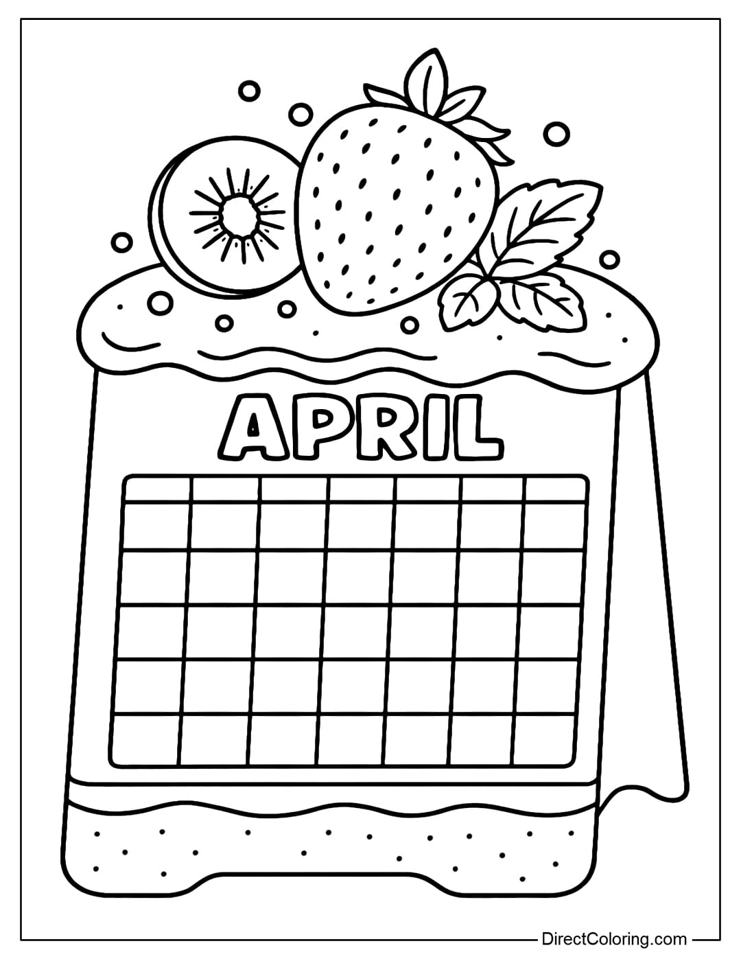 April calendar coloring page is a standee die-cut in the shape of a soft, fluffy strawberry shortcake; the calendar section is nestled within the cake layer like a large label. The top is subtly decorated: large strawberries, kiwi slices, mint leaves, and a few sugar candy dots.