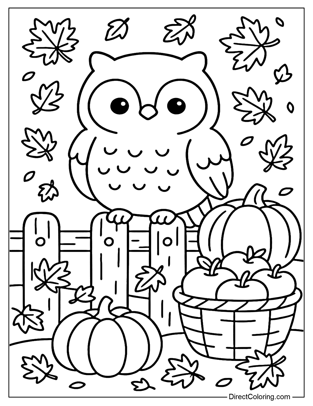 An owl perched on a wooden fence, surrounded by fallen maple leaves, pumpkins and apple baskets, a warm autumn atmosphere.
