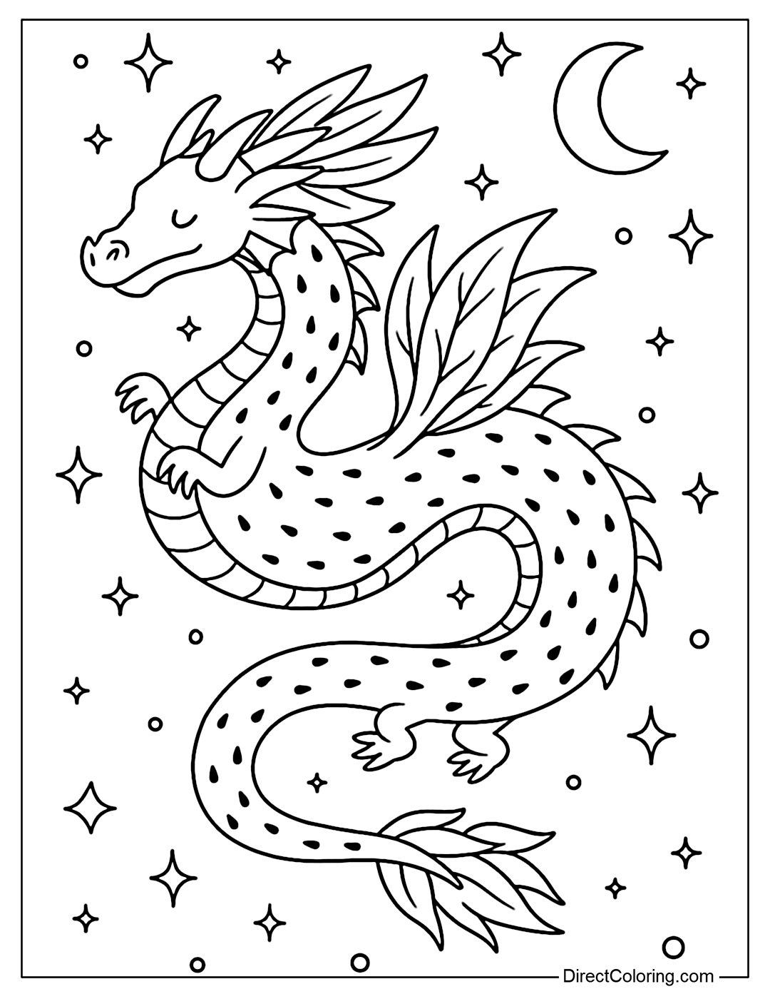 Dragonfruit dragon coloring page, long winding body with skin like bright red dragon fruit skin, dotted with black seeds like dragon fruit flesh inside.