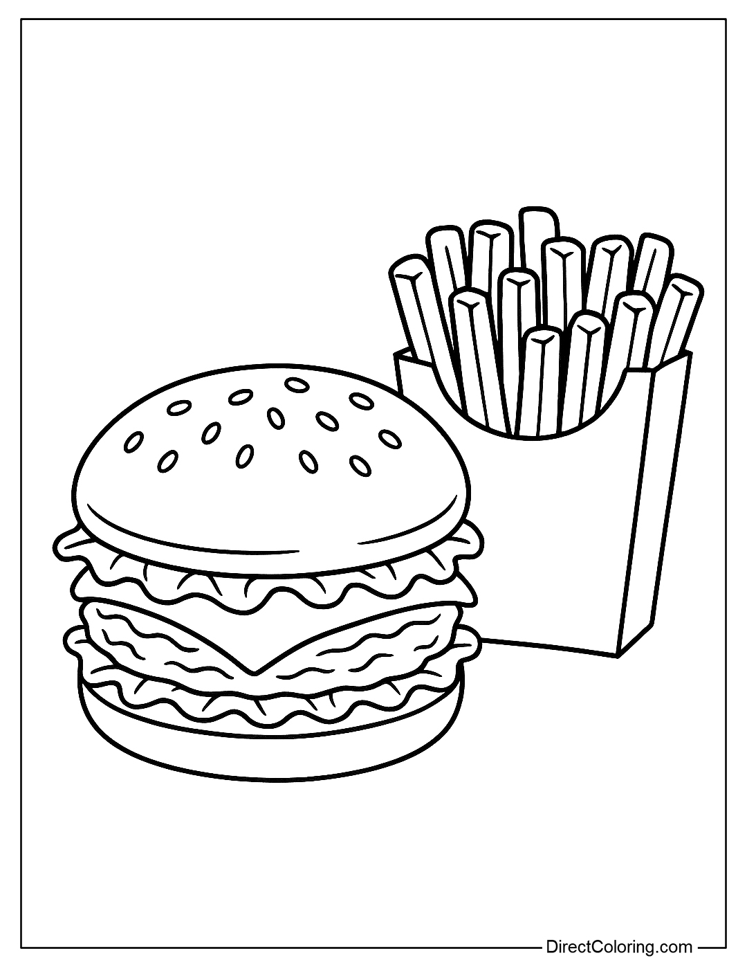 A delicious hamburger coloring page with crispy fries in a classic cardboard box