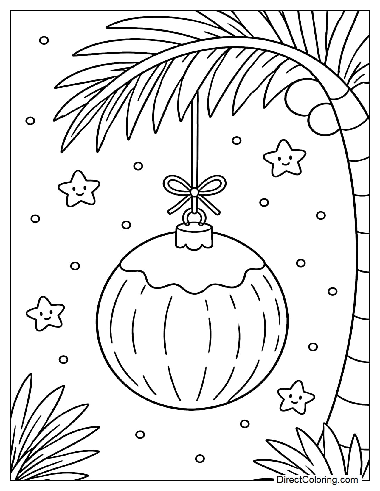 A coconut decorated like a Christmas ornament hanging on a palm tree, with a simple string and a few small stars around it.