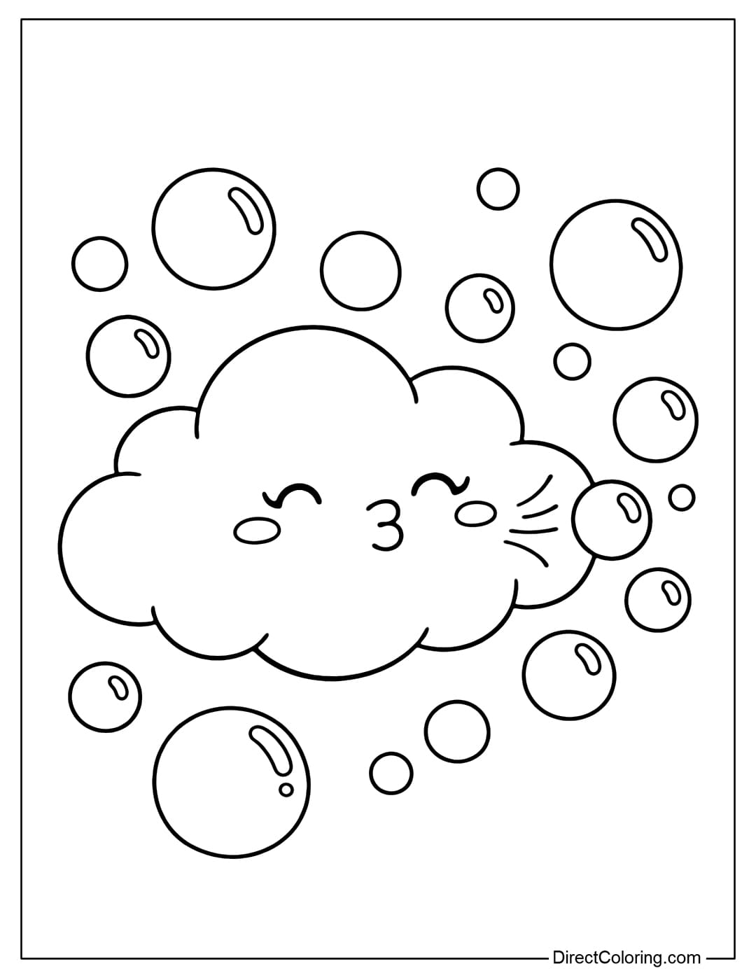 A coloring page of a cute cloud pouting and blowing round bubbles that float in the air.