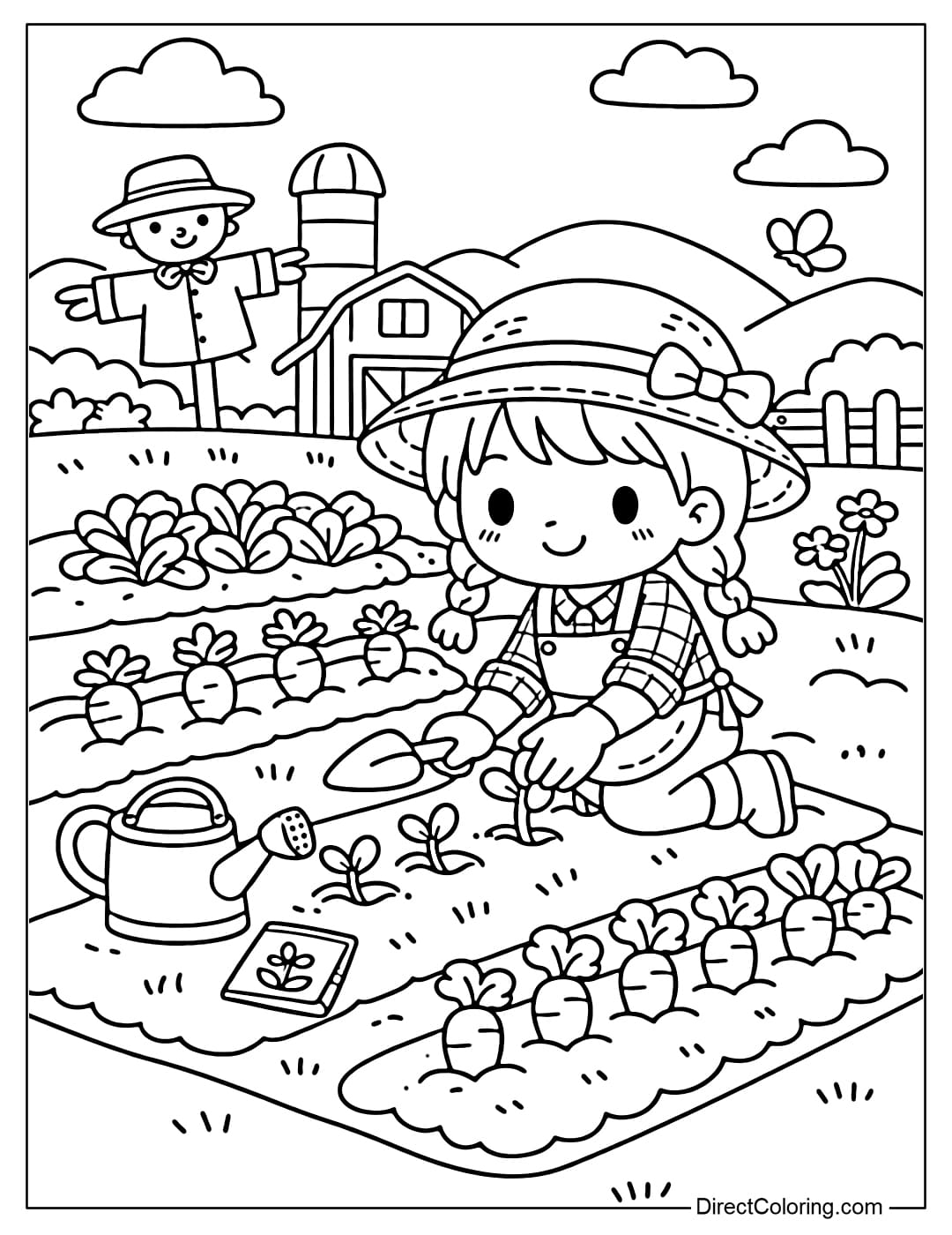 Coloring page of a girl planting vegetables with a large, simple plot.