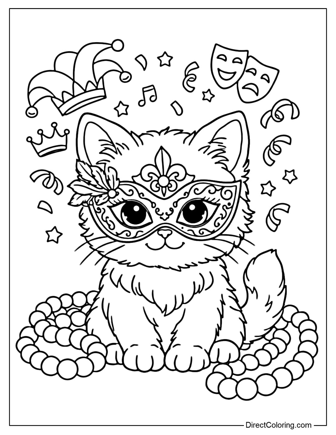 Coloring page of a cute kitten wearing a small Mardi Gras mask on its face. Next to it is a large string of beads.