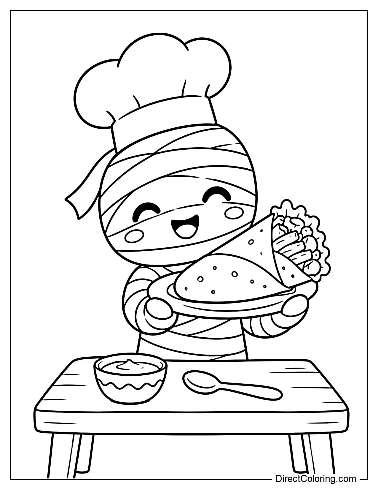 A small mummy wearing a chef hat is holding a large wrap sandwich on a plate, with a small bowl and spoon on the table.