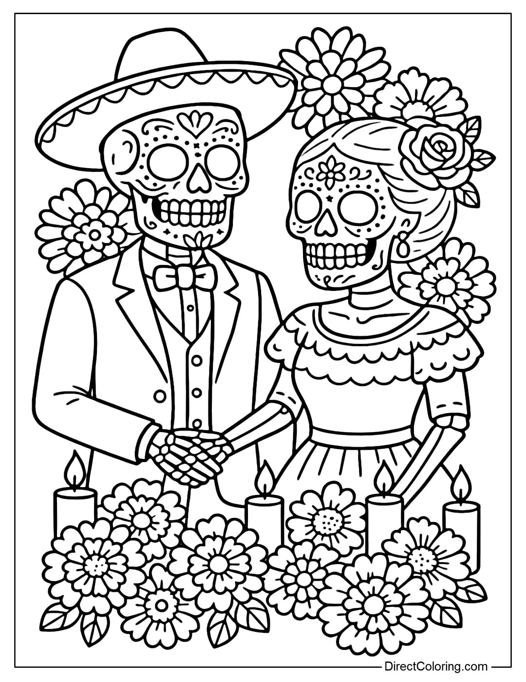 A Sugar Skull couple coloring page in traditional Mexican costumes, hand in hand in the middle of an altar filled with flowers and candles.