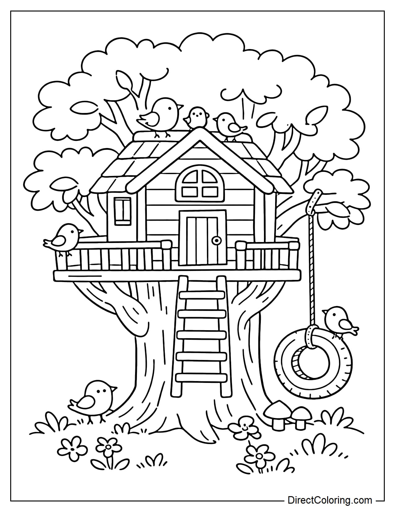 A treehouse with a few small birds perched on the roof, a large tree trunk, and simple foliage.