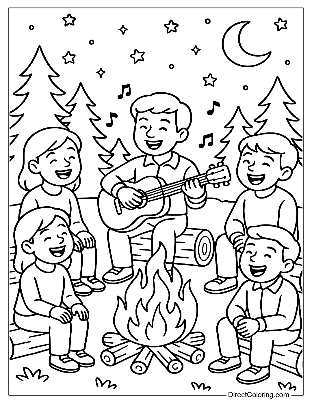 a coloring page of a group of people singing around a campfire with a guitar