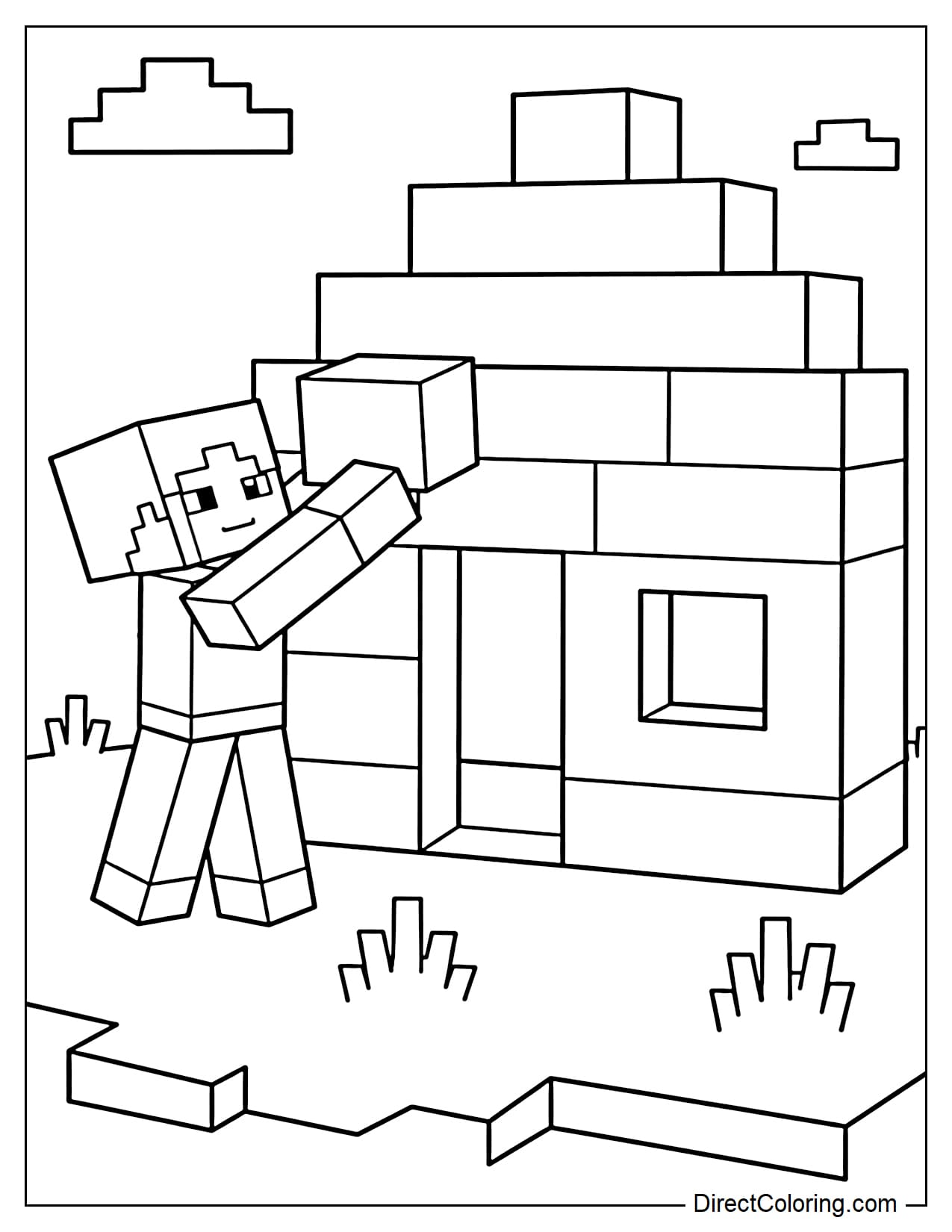 Alex places a square block onto the wall of a small house that is still under construction.