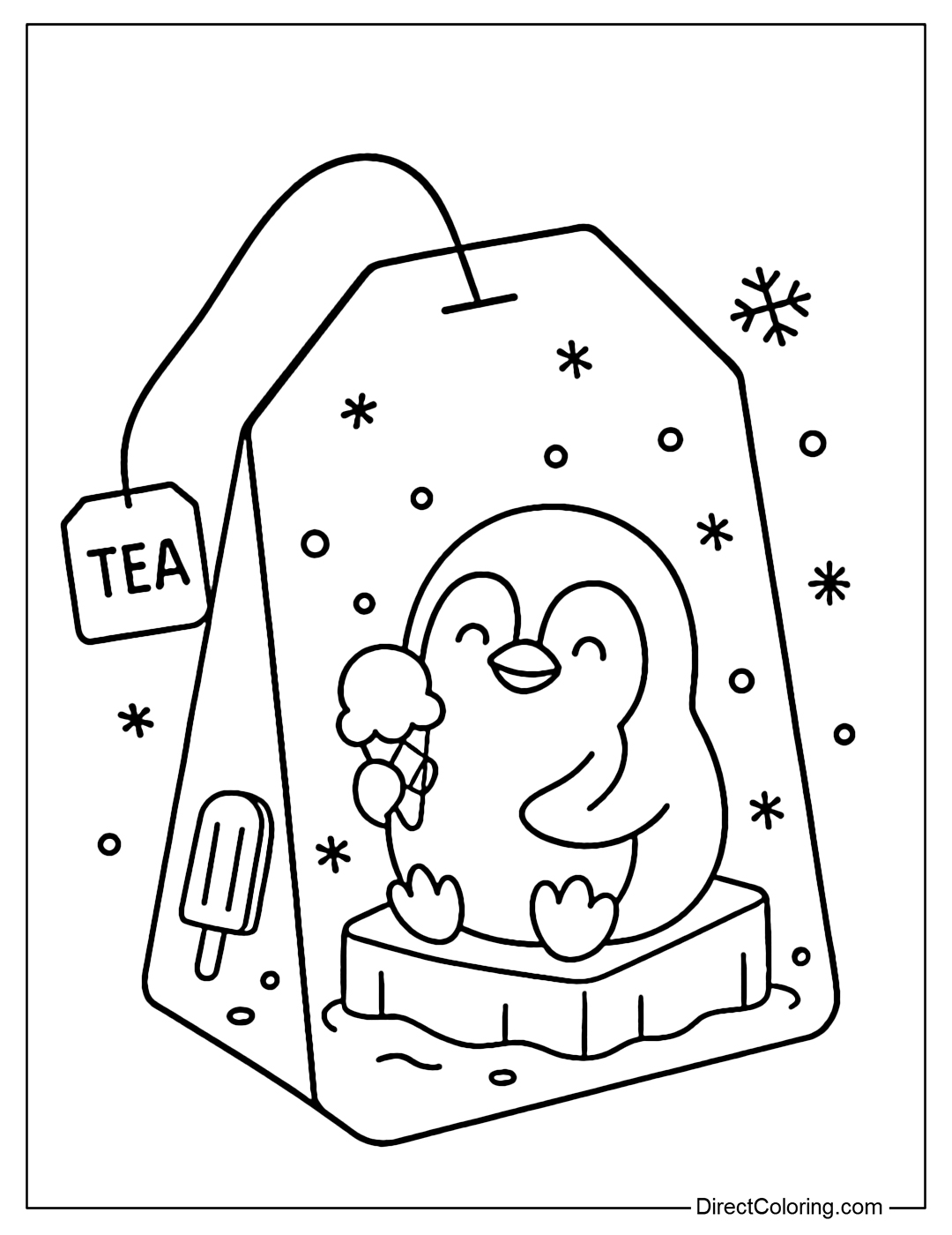 Tea bag coloring page with penguins sitting on ice eating ice cream, with ice cream sticks and falling snow all around.