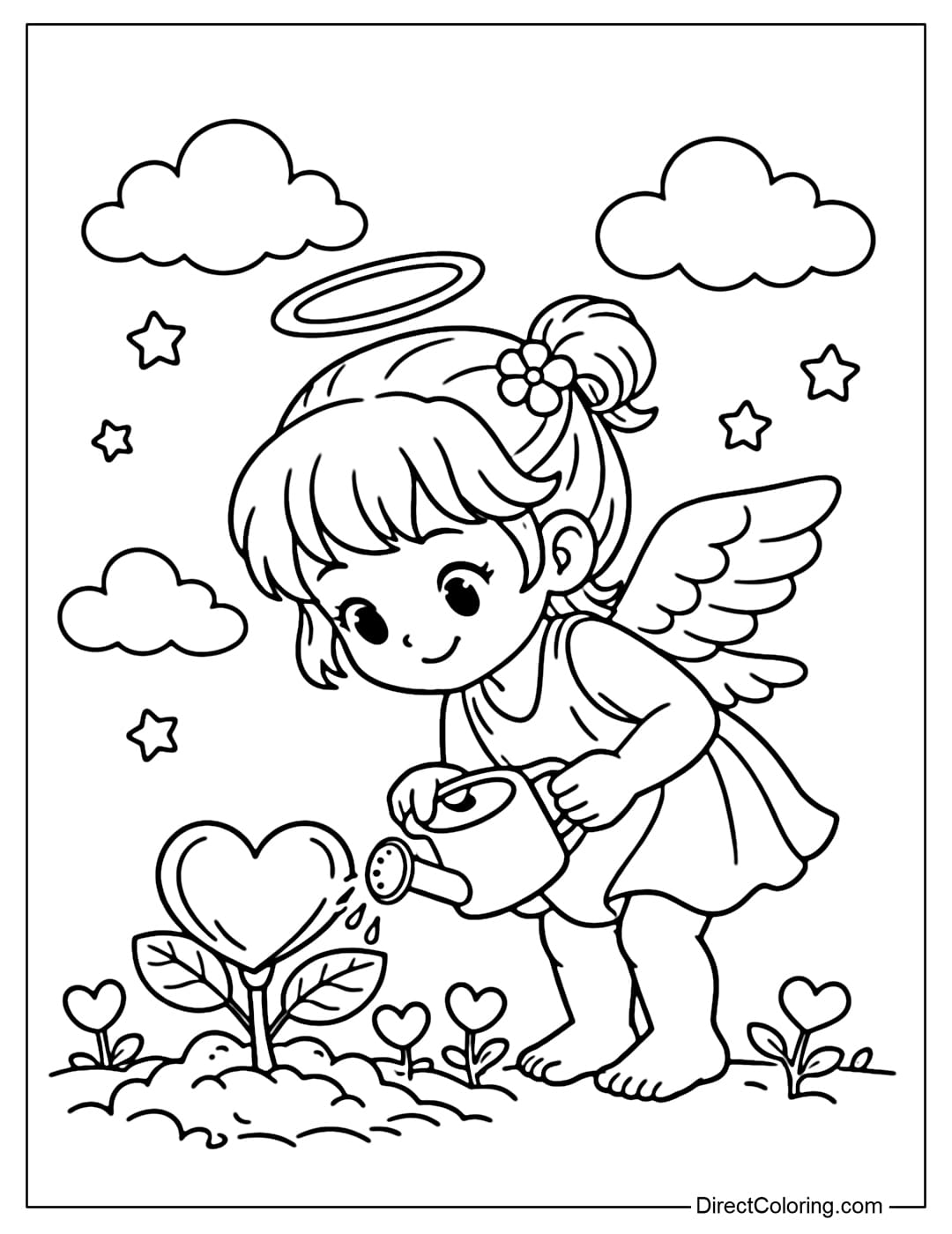 A coloring page of a female Cupid planting a heart-shaped rose, holding a small watering can. Several small heart-shaped sprouts are growing in the ground.
