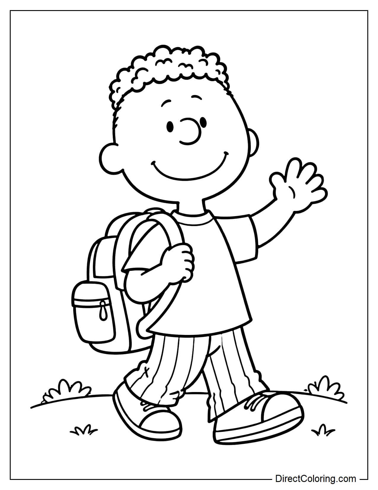Franklin walks happily with a large backpack over his shoulder. He holds one backpack strap with one hand and raises the other to wave.