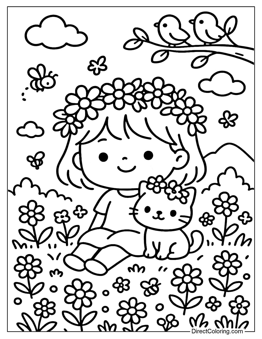 Coloring page of a baby girl wearing a big flower crown, a cute pet wearing a small one.