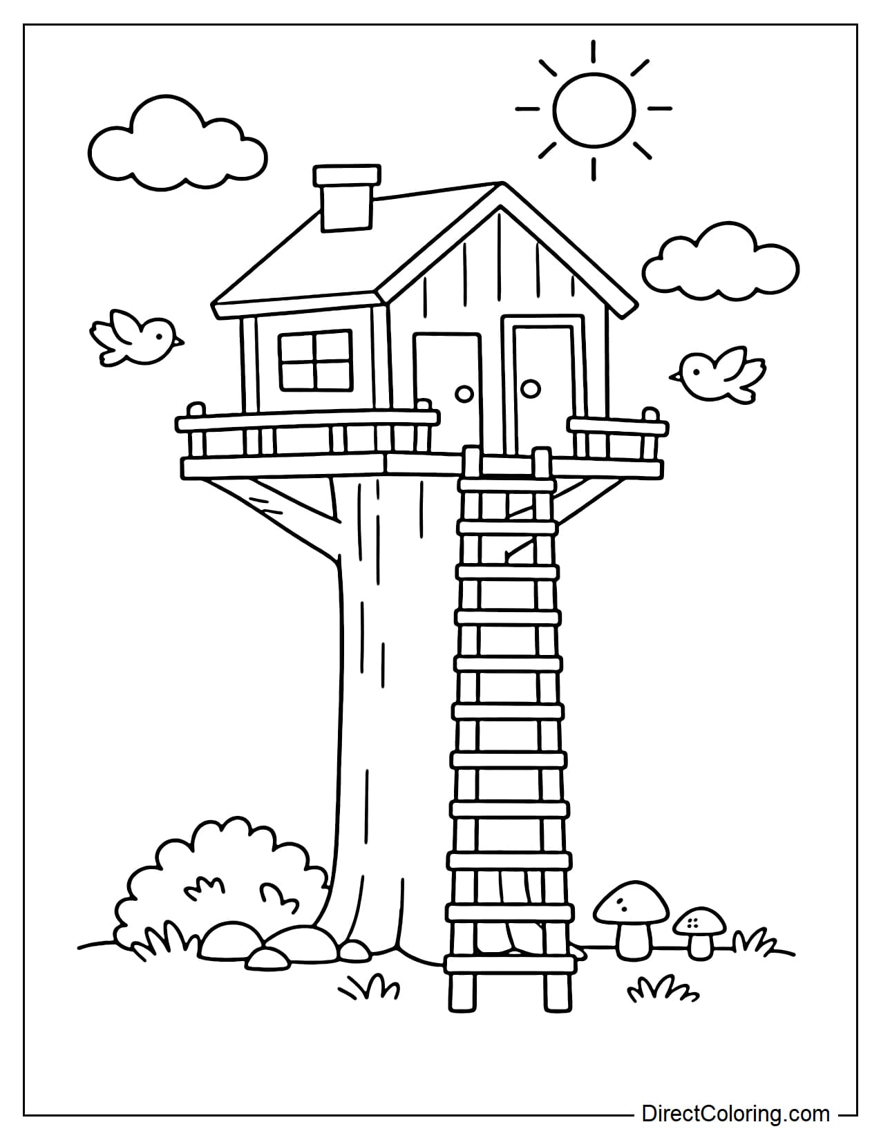 A small house perched on a single trunk, with few branches and a simple roof.