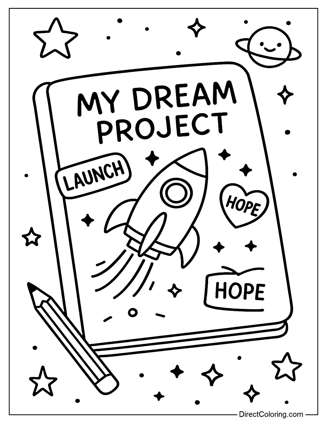 Coloring page of a notebook with a rocket drawn by a child, the paper page says 