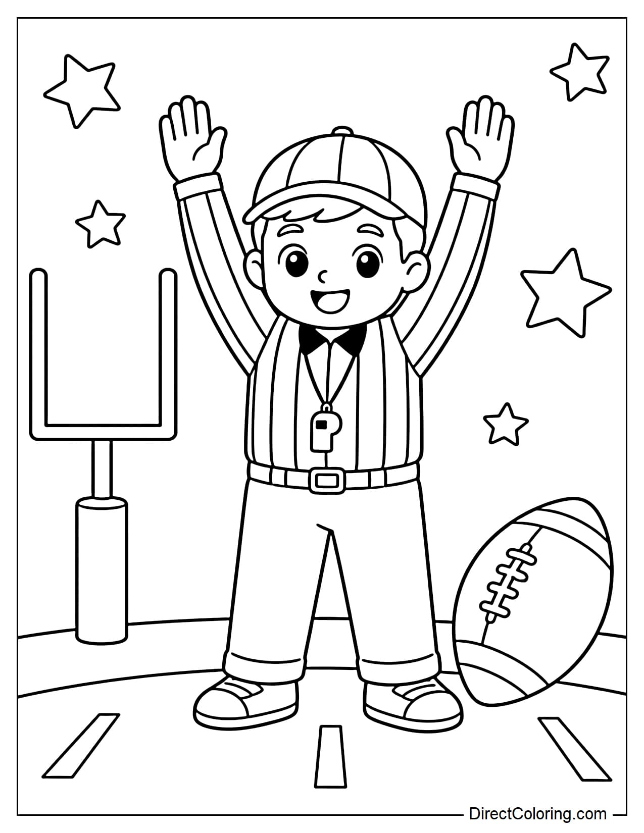 A referee in a striped shirt stands on the field with both arms raised to signal a touchdown, with a football, goalposts, and several stars nearby.