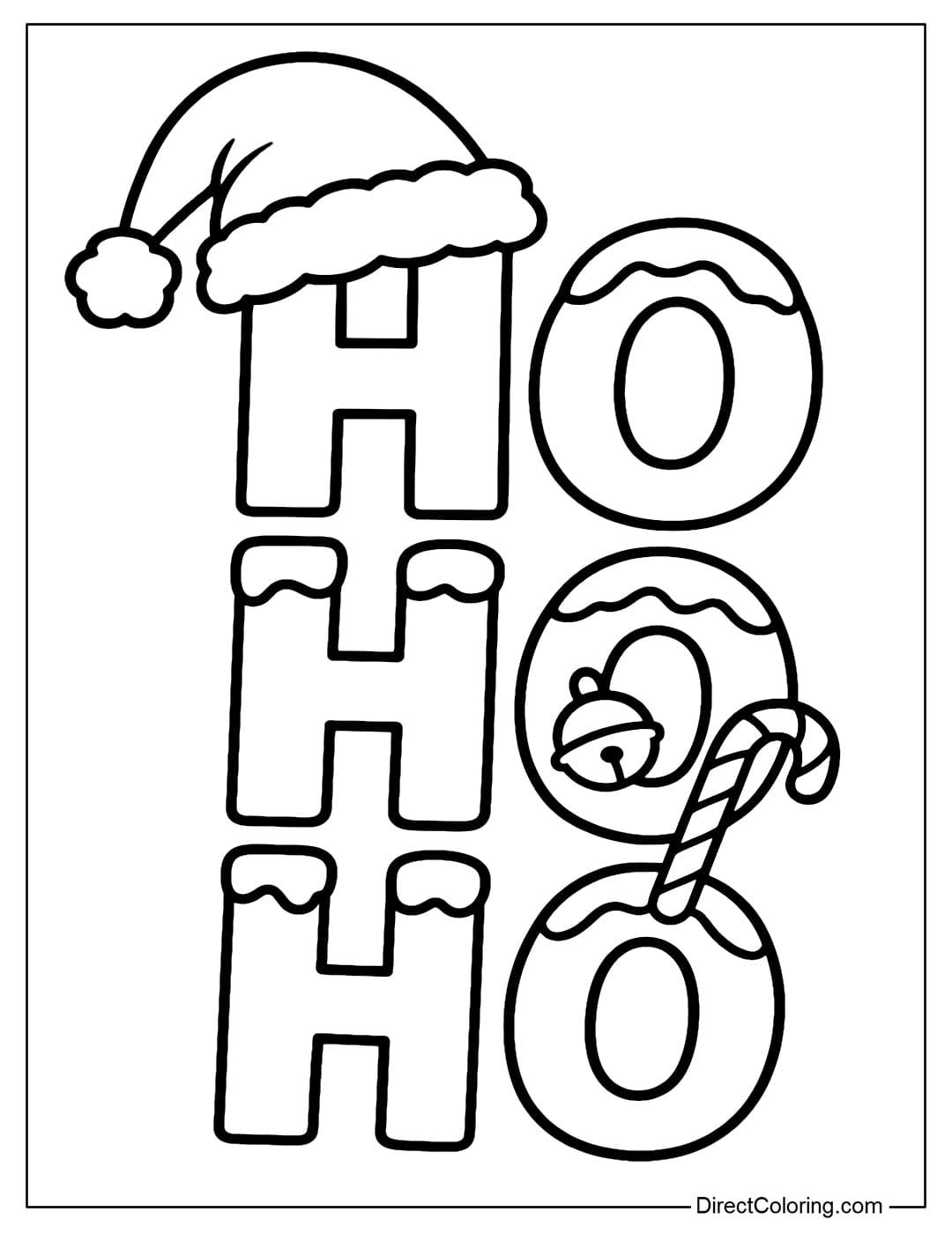 Ho Ho Ho coloring page is decorated with Santa hats, small bells and candy canes, snow lightly covers each letter.
