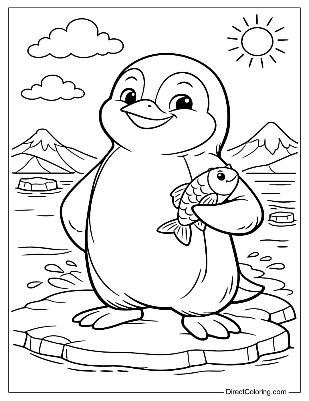 A coloring page of a penguin holding a small fish, smiling proudly.