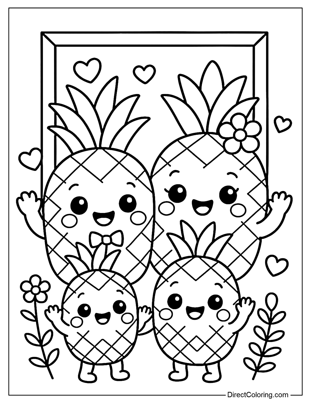 Pineapple family coloring page: parents and two pineapple children pose for a photo.