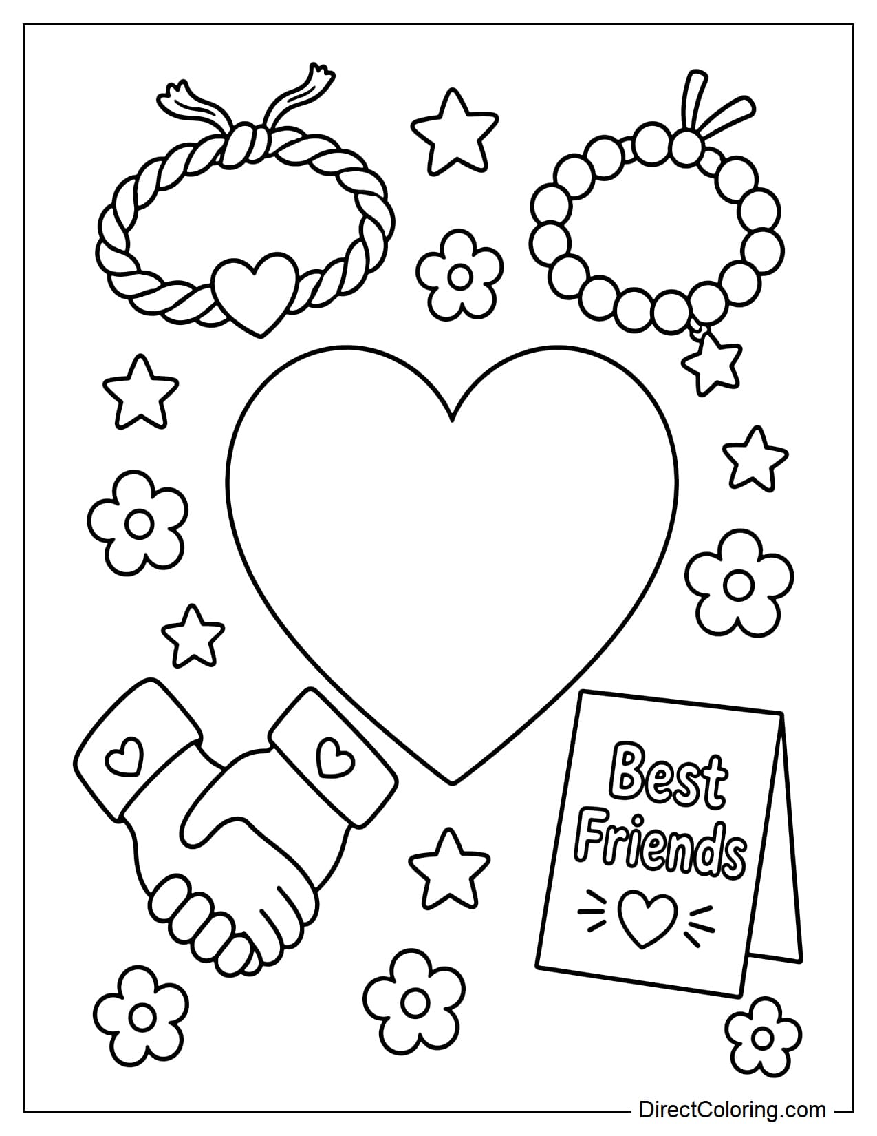 A collection of friendship symbols including two friendship bracelets, a large heart, two hands clasped together, a small card with the words 