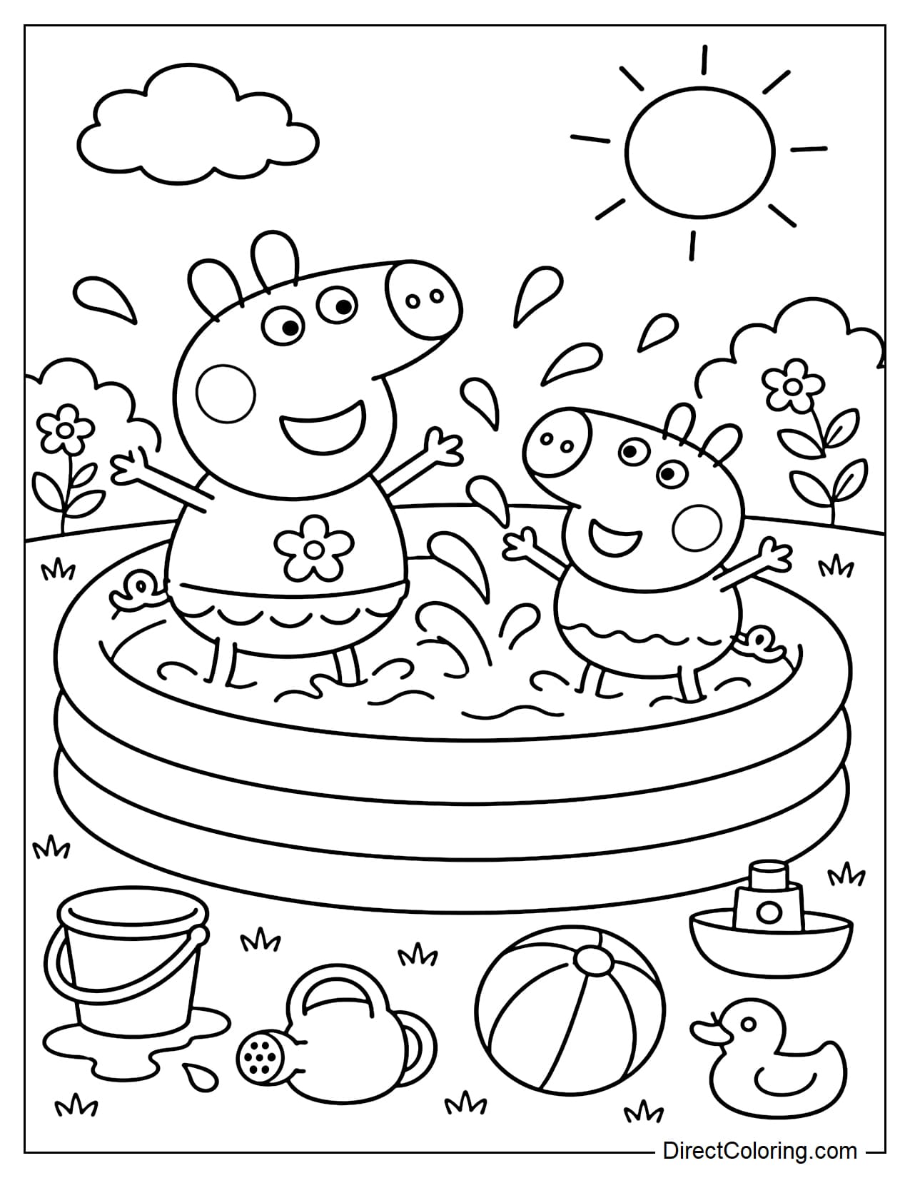Peppa Pig and George have fun playing water splash games in summer, with some water droplets and small toys around the pool.