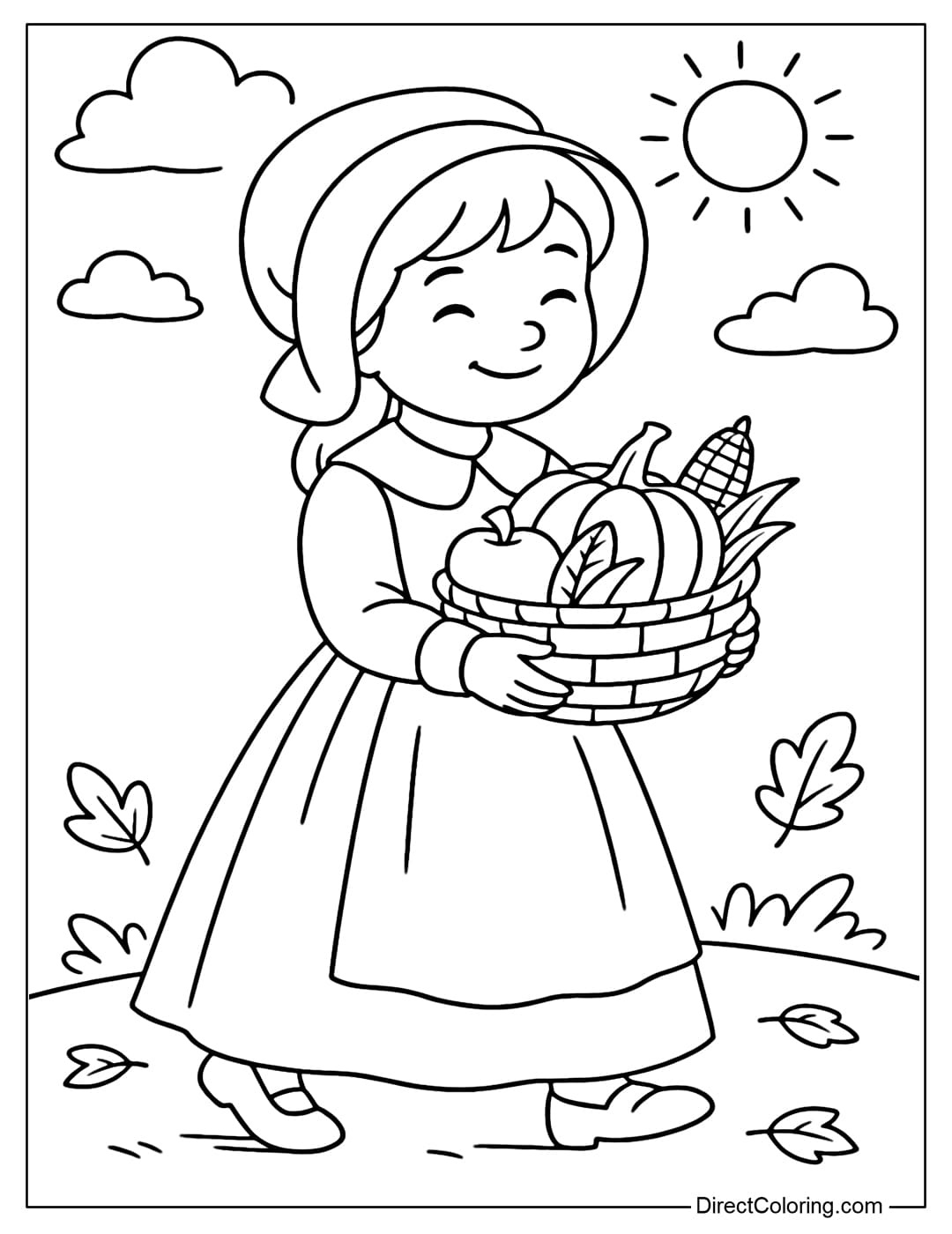 A coloring page of a little girl Pilgrim with a basket full of pumpkins, corn, and apples.
