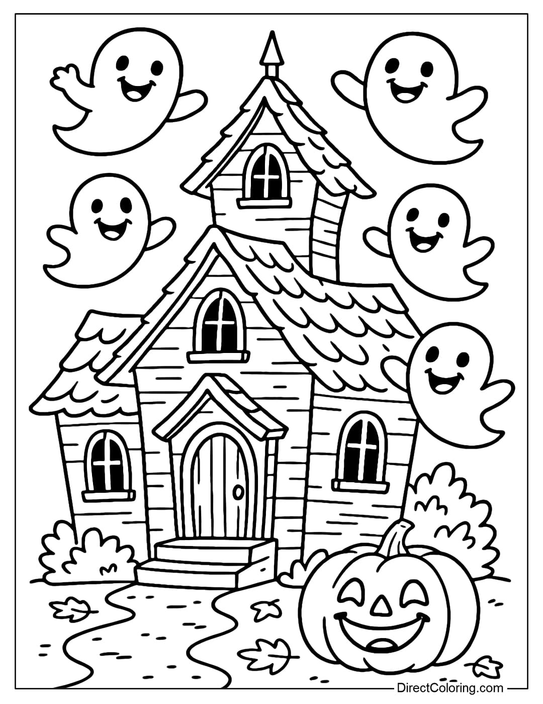 A haunted house coloring page with many small, round, funny ghosts flying around, and a Jack-o-lantern pumpkin in the front yard.