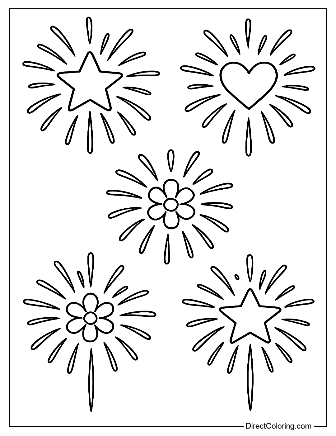 Coloring page of fireworks in the shape of stars, hearts, simple flowers, radiating many rays.