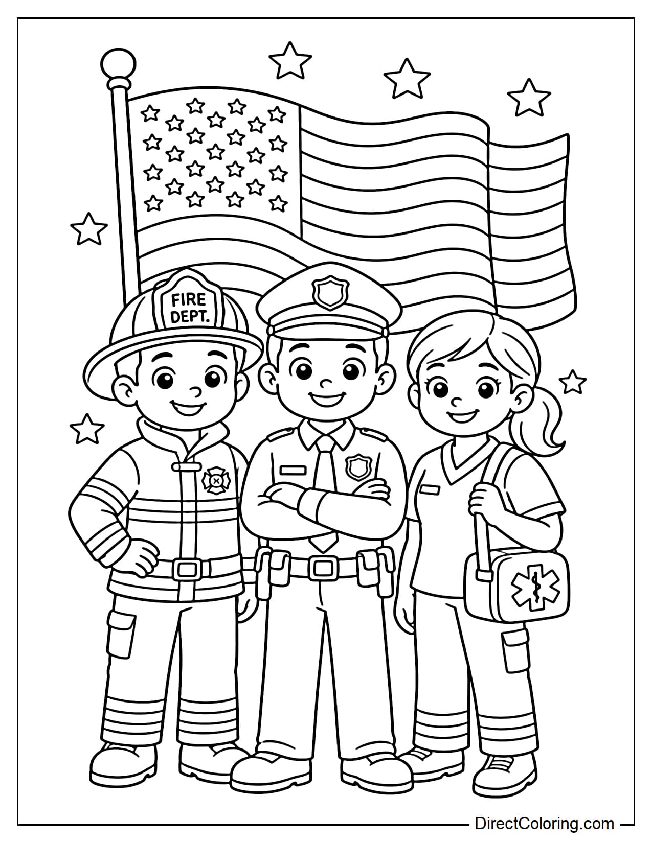Three characters, including a firefighter, a police officer, and a paramedic, stand side by side in a friendly and proud pose, with a large American flag and a few stars in the background.