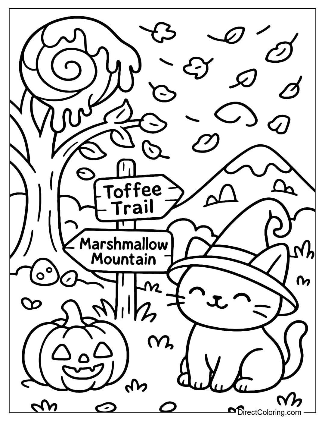 Ancient candy forest coloring page, candy trees covered with caramel frosting, the wind blowing down marshmallow leaves. Witch cat sitting next to the signpost.