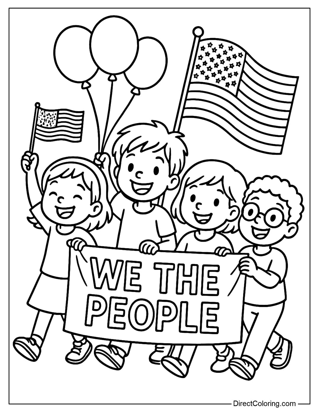 Coloring page of small children's parade, holding American flags, balloons and 