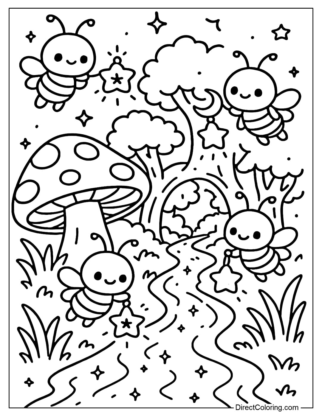 A coloring page of a flock of fireflies flying and shining, each carrying a mini lantern.