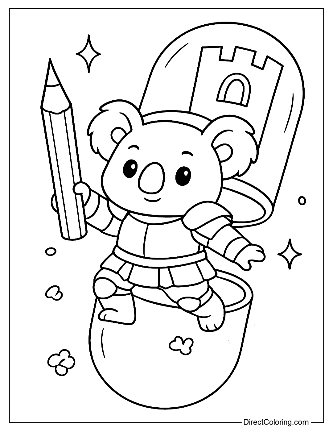 Coloring page of a koala wearing knight armor, holding a pencil like a spear, coming out of a castle-shaped capsule