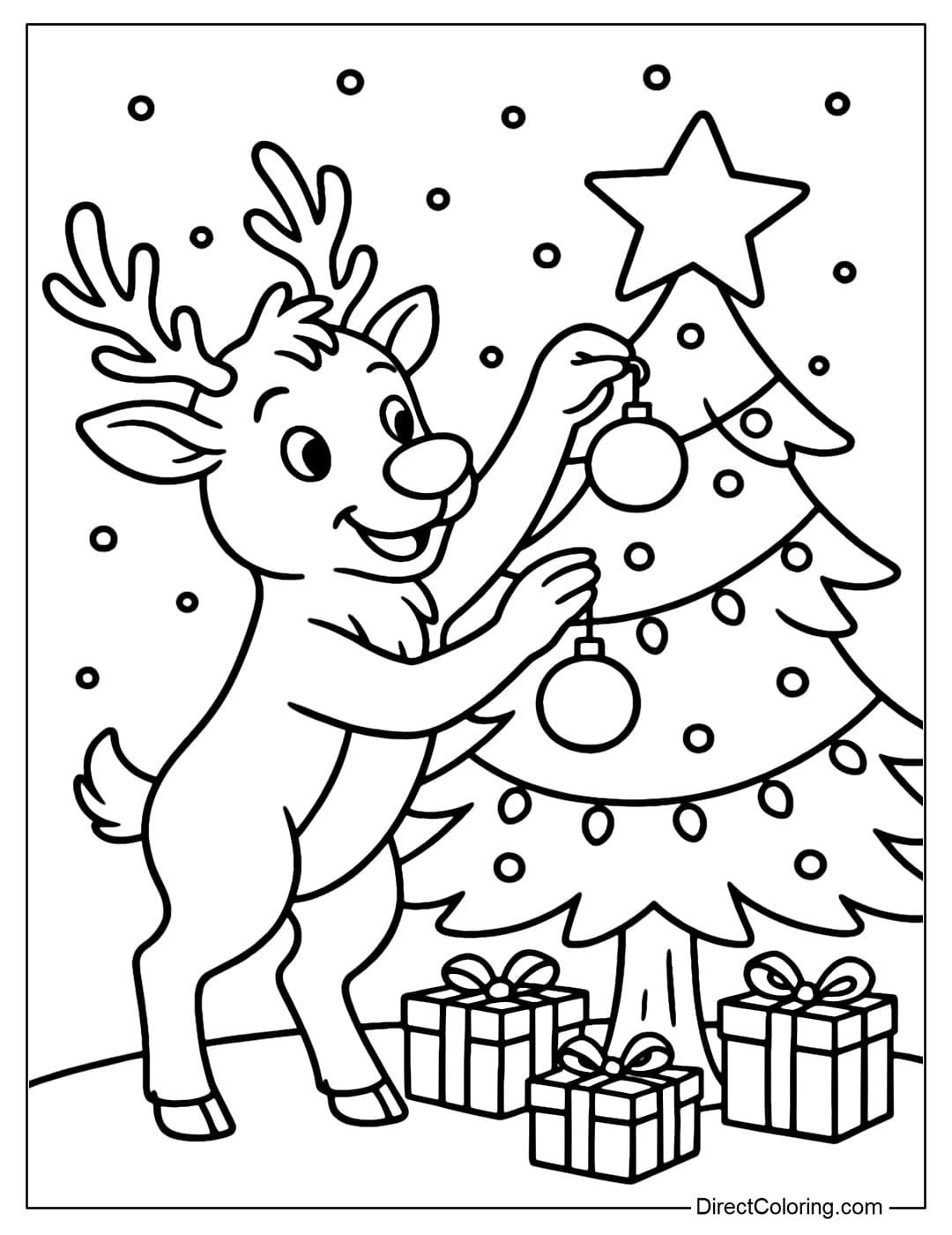Reindeer Decorating Tree Coloring Page A coloring page of a reindeer hanging balls and stars on a pine tree, with a small gift package around it.