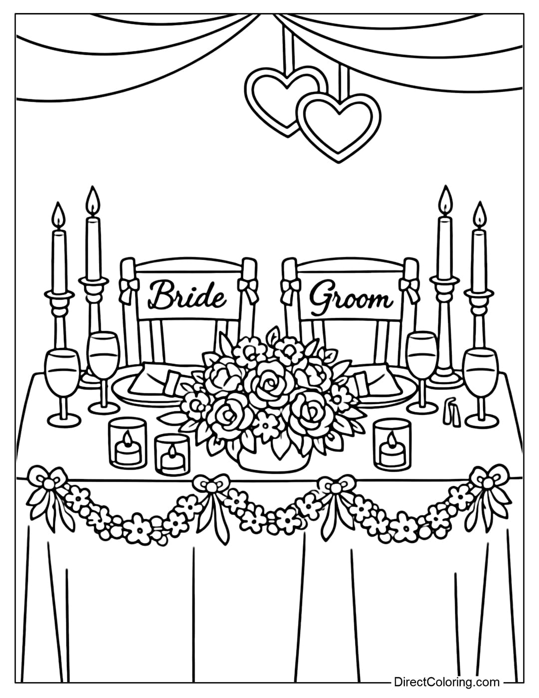 Coloring page for a wedding table with simple flowers and candles, a neat layout.