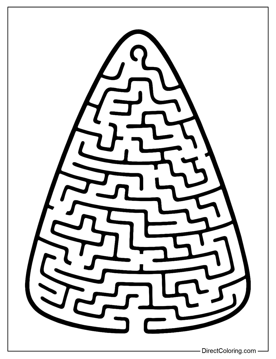 A triangular Halloween candy corn maze coloring page, the entrance is at the bottom edge, ending at the top of the triangle.