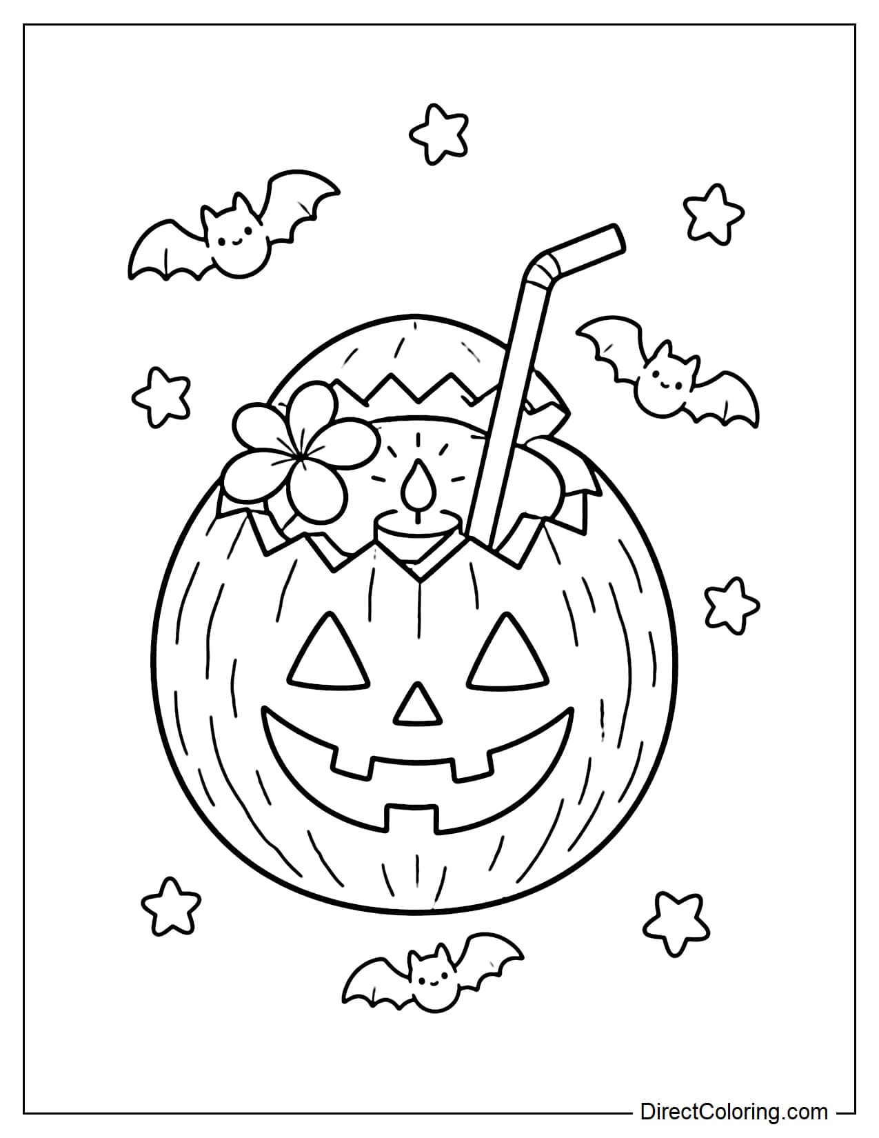 A coconut carved with a pumpkin-style Halloween face, with a small light inside, surrounded by a few stars and bats.