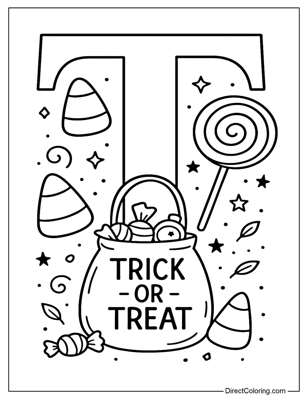 A letter T coloring page carrying a large bag of candy, with candy corn, swirly candy, and a 