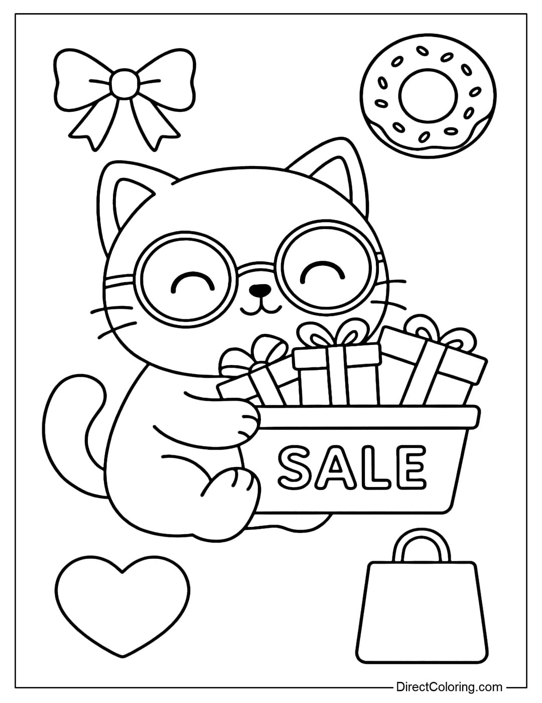 A coloring page with a cute cat wearing glasses, holding a shopping cart full of gift boxes with the word SALE written on it.